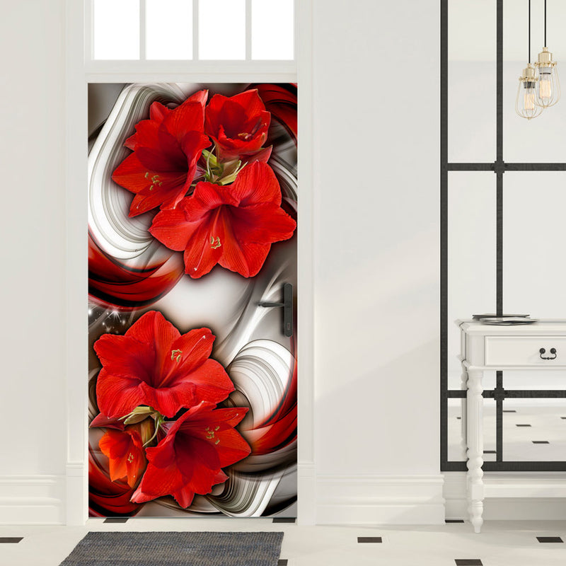 Carta da Parati Fotomurale per Porta - Abstraction And Red Flowers i 70x210 cm Erroi-1