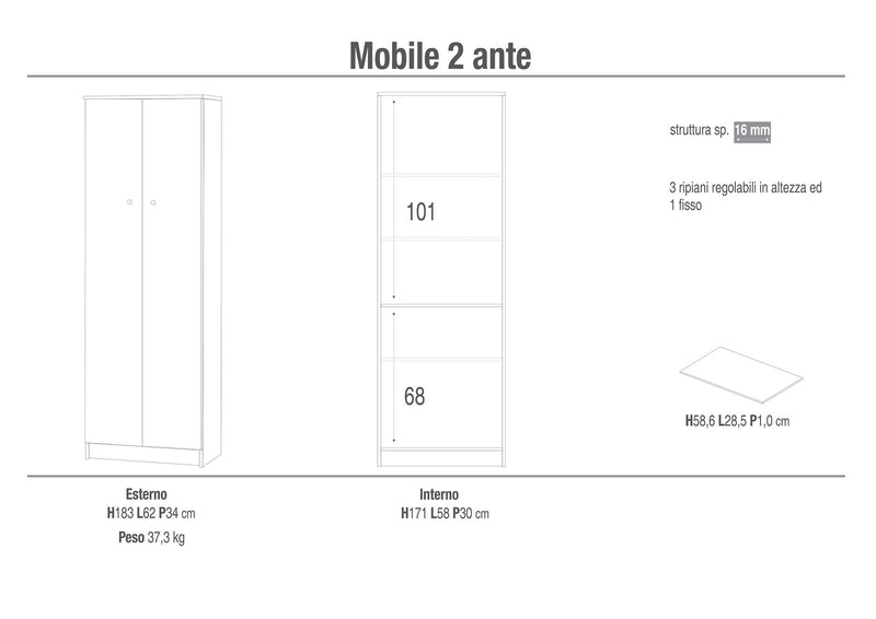 Mobile 2 Ante 62x182x34 cm Olmo Chiaro-3