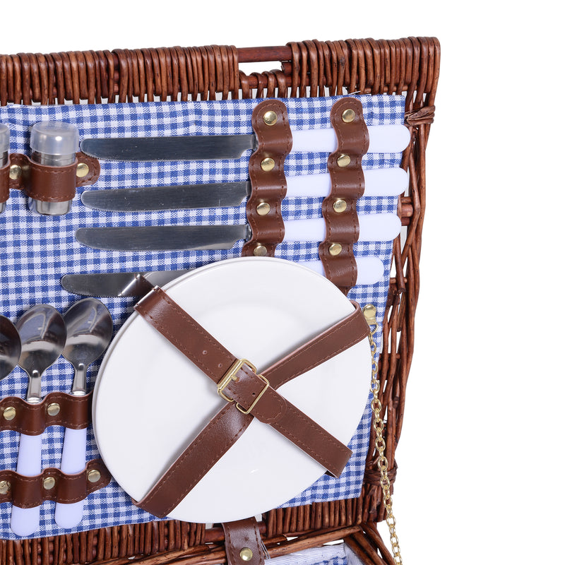 Cestino da Picnic per 4 Persone Posate Piatti Bicchieri e Accessori Vimini marrone 54x34x20 cm -4