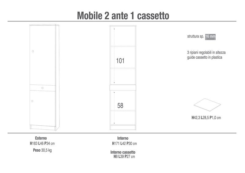 Armadio 2 Ante 1 Cassetto 46x183x34 cm Eucalipto-3