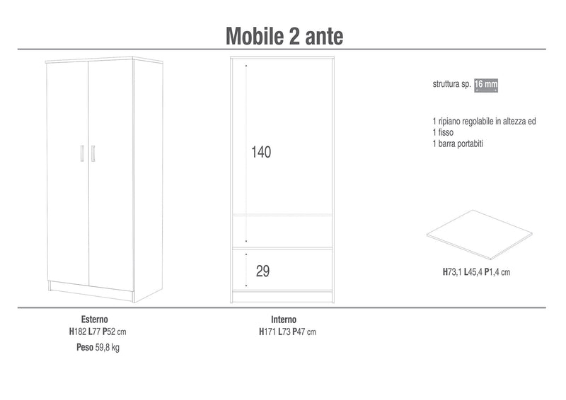 Armadio 2 Ante 77x182x52 cm Eucalipto-5