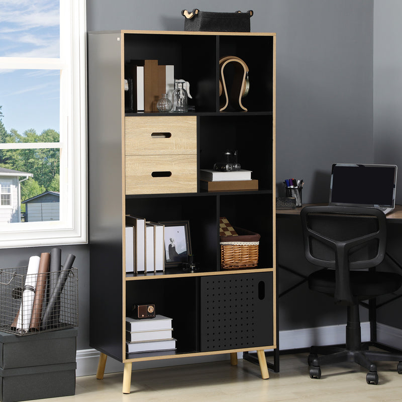 Libreria Moderna 80x40x165 cm in MDF e Truciolato Nero e Legno Naturale-2