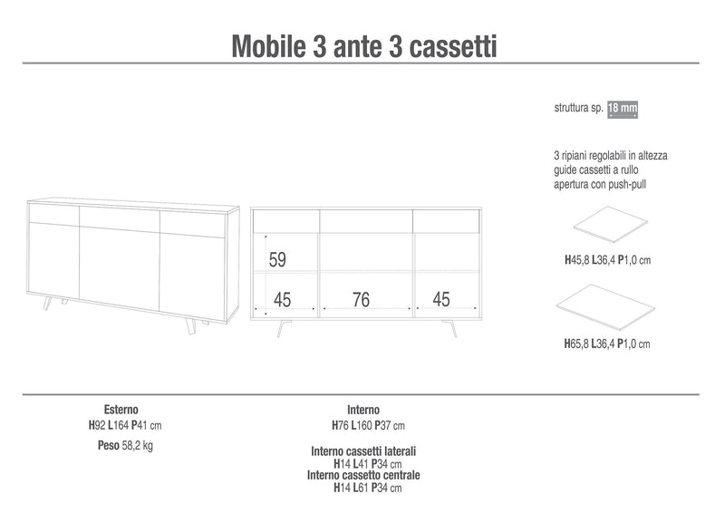 Mobile 3 Ante 3 Cassetti 164x92x41 cm Ossido Bianco-2