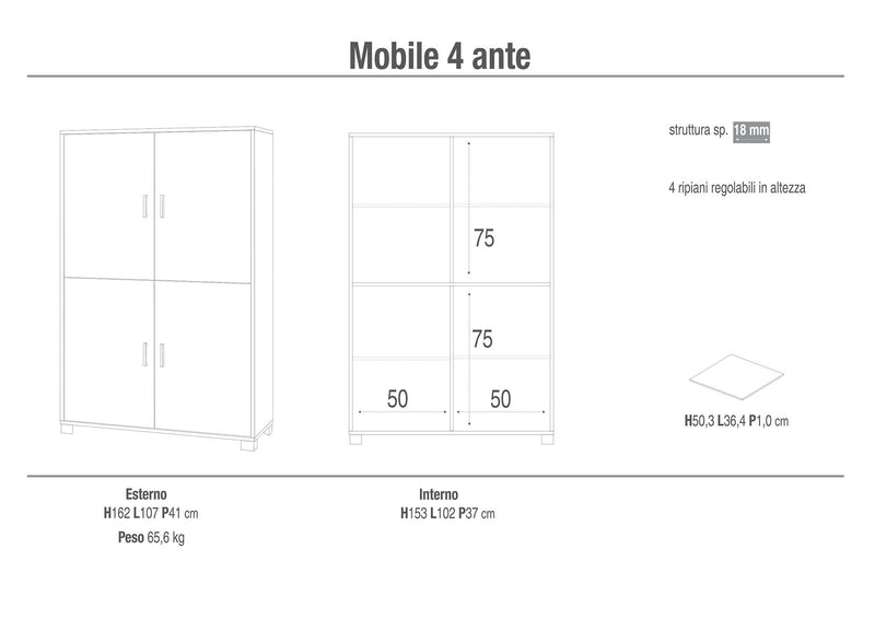 Mobile 4 Ante 107x162x41 cm Bianco Fiammato/Bianco Lucido-2