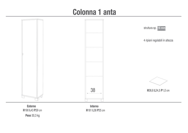 Armadio 1 Anta 43x190x29 cm Olmo Chiaro-3