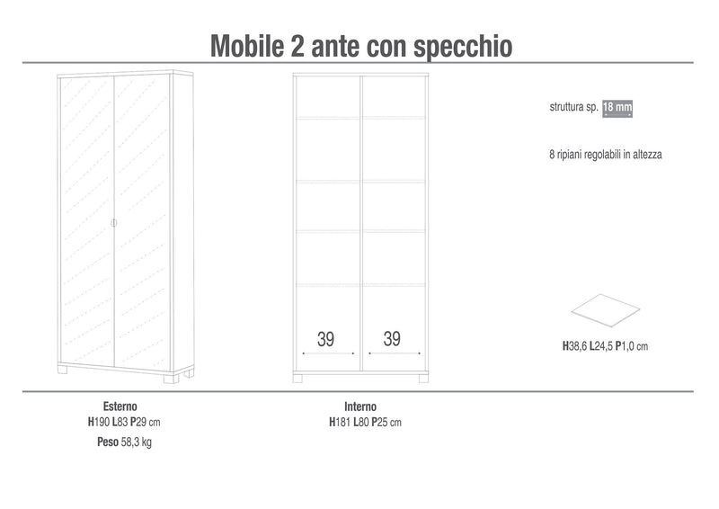 Armadio 2 Ante con Specchio 83x190x29 cm Cemento-2