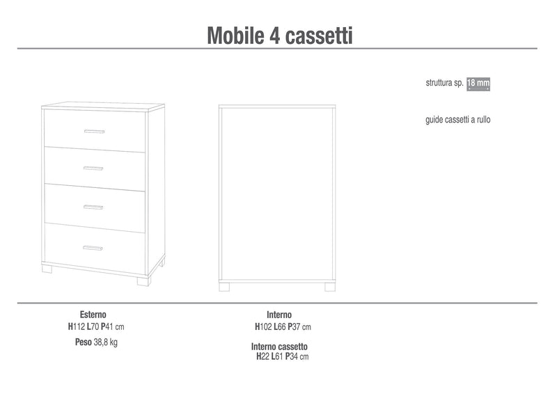 Mobile 4 Cassetti 70x112x41 cm Bianco Fiammato-3