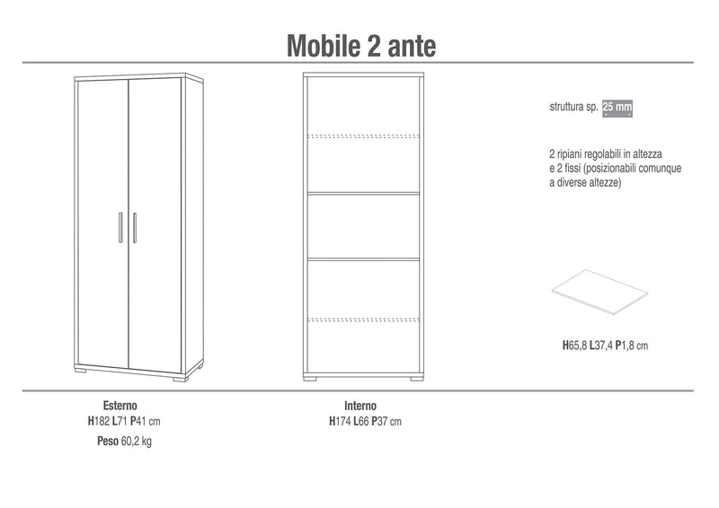 Mobile 2 Ante 71x182x41 cm Cemento/Ossido Bianco-2