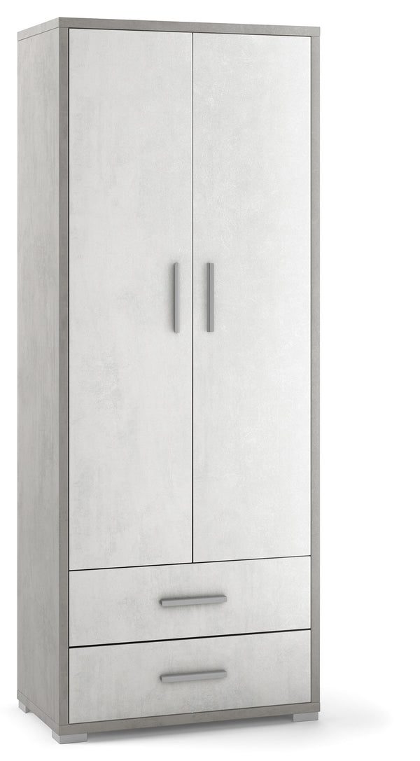 Armoire 2 Portes 2 Tiroirs 71x182x41 cm Ciment/Blanc Oxyde sconto