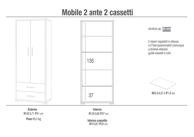 Armadio 2 Ante 2 Cassetti 71x182x41 cm Cemento/Ossido Bianco-3