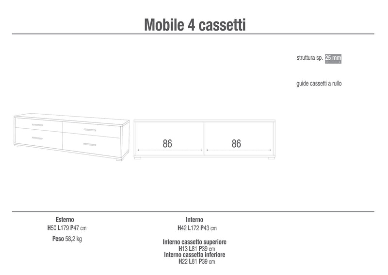 Mobile con 4 Cassetti 179x50x47 cm Ossido Bianco-2