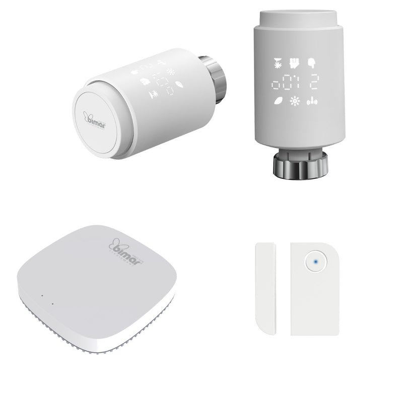 Kit 2 Valvole Termostatiche Wi-Fi per Termosifoni + Sensore Porta e Finestre Bimar AP30.KIT-1