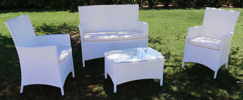 Set da Giardino Divano Poltrone e Tavolino in Polyrattan Morel Valeria Bianco-1