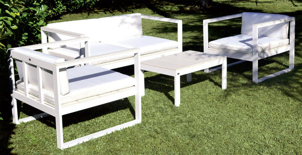 Ensemble de jardin canapé fauteuils et table basse en polyrotin blanc Morel Montréal prezzo