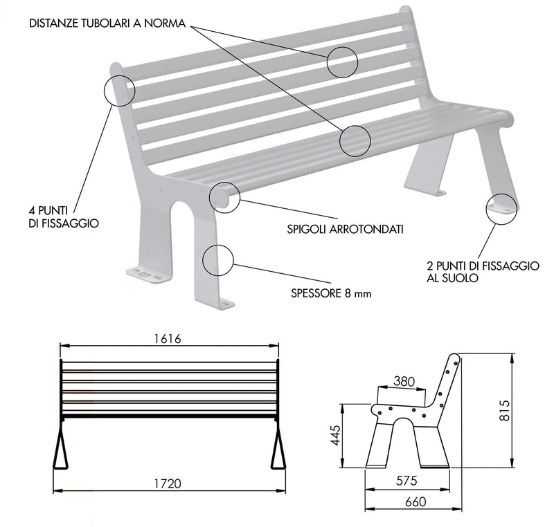 Panchina 3 Posti da Esterno 172x66x81,5 cm in Acciaio Zincato con Schienale Antracite-4