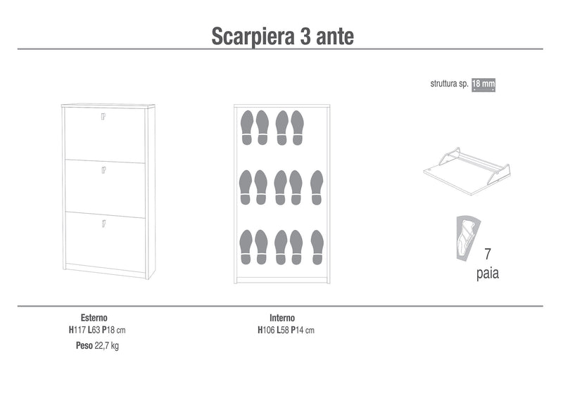 Scarpiera 3 Ante 63x117x18 cm Ossido Bianco-2