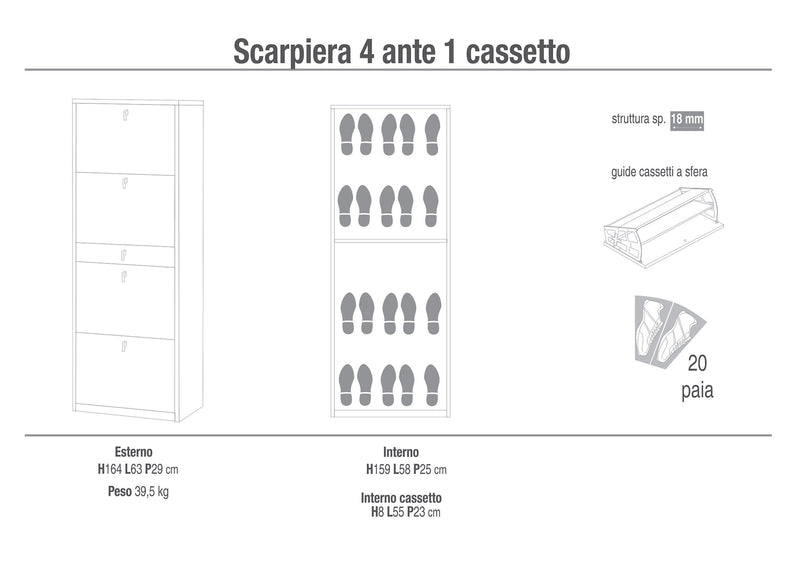 Scarpiera 4 Ante 1 Cassetto 63x164x29 cm Bianco Fiammato-2