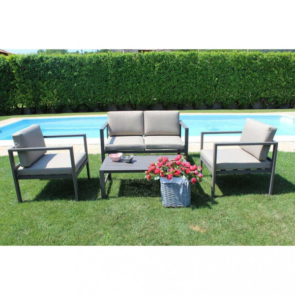 prezzo Salon de Jardin Canapé 2 Fauteuils et Table Basse avec Coussins en Aluminium Taupe