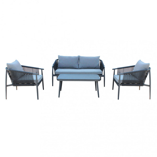 acquista Salon de jardin canapé 2 fauteuils et table basse avec coussins en aluminium gris foncé