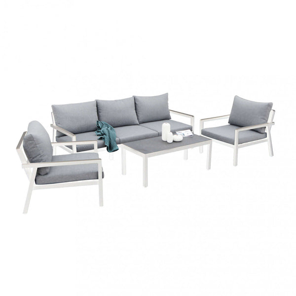 acquista Salon de jardin canapé 2 fauteuils et table basse avec coussins en aluminium blanc