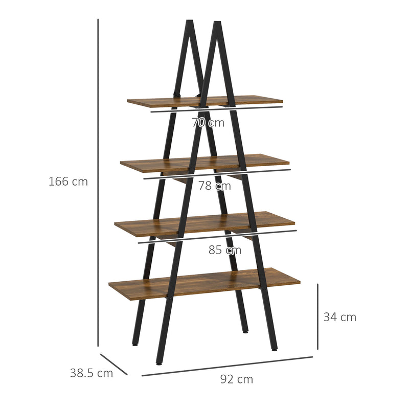 Libreria 4 Livelli a Forma di A 92x38,5x166 cm in Truciolato e Acciaio Marrone Rustico e Nero-3