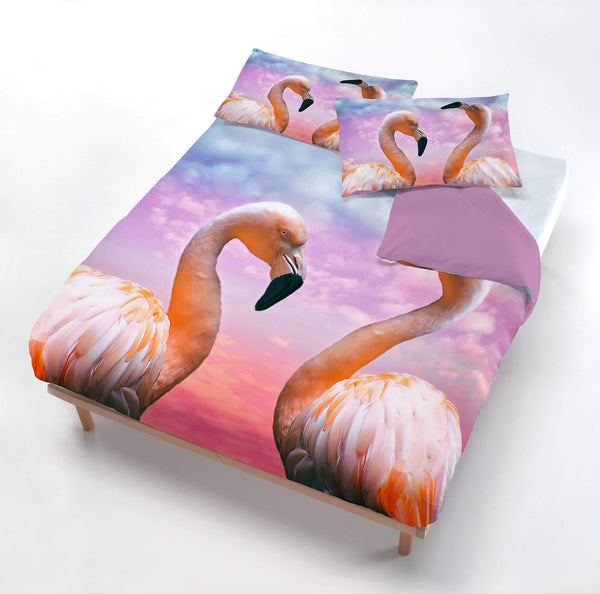 sconto Housse de couette avec taies d'oreiller imprimées en microfibre flamant rose différentes tailles