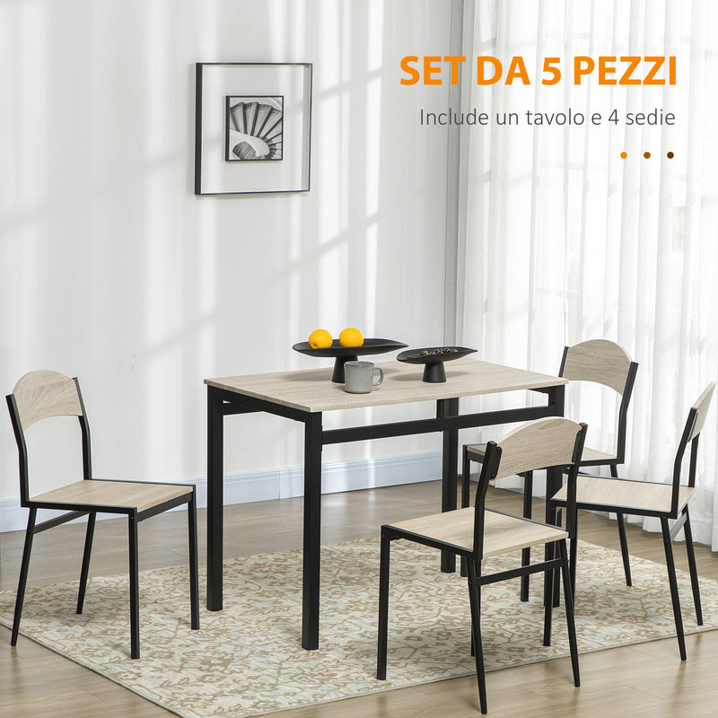 Set da Pranzo Tavolo Rettangolare e 4 Sedie in Acciaio e MDF Nero e Rovere-5