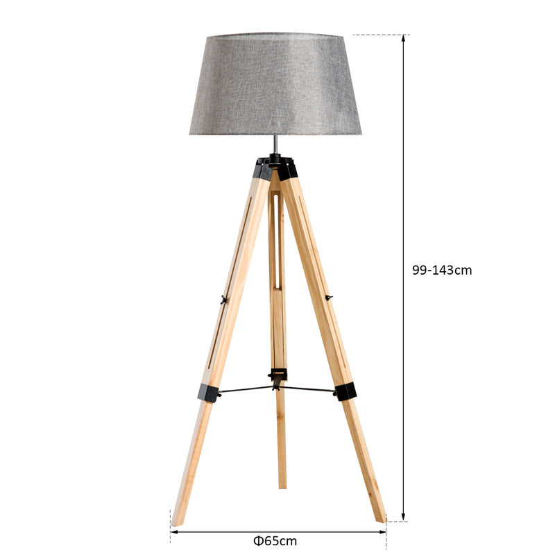 Lampada da Terra Design con Treppiede in Legno Altezza Regolabile Grigio -3