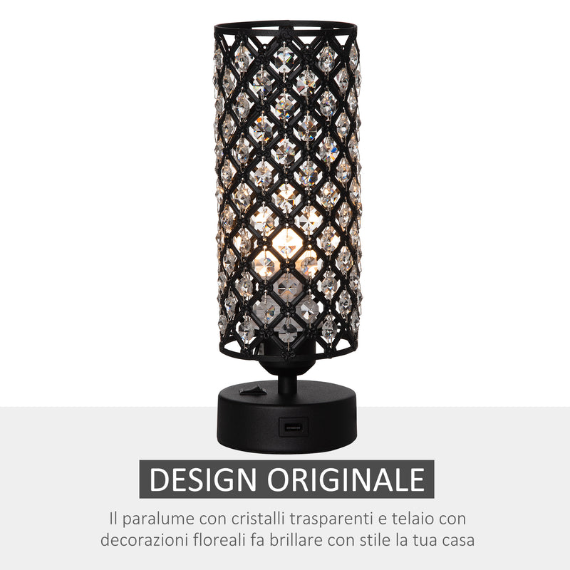 Lampada da Tavolo 2 Porte USB Ø10,8x30 cm E27 Paralume in Cristallo Nero-4