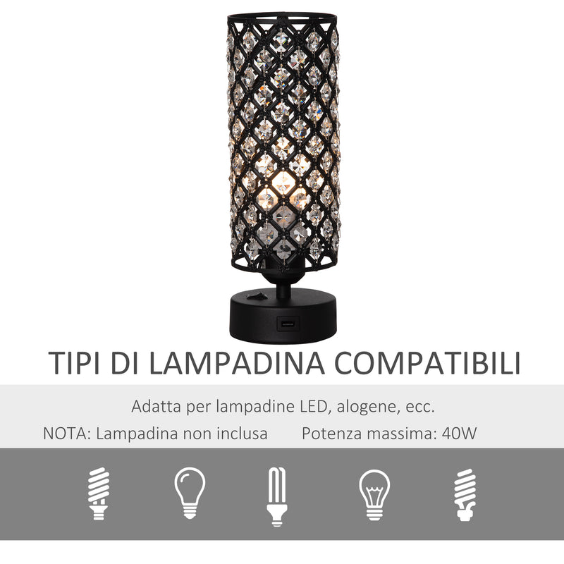 Lampada da Tavolo 2 Porte USB Ø10,8x30 cm E27 Paralume in Cristallo Nero-6