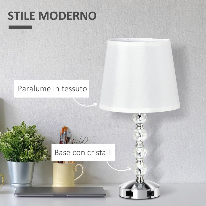 Lampada da Tavolo 2 Porte USB Ø23x45 cm E27 Paralume in tessuto Bianco e Argento-4