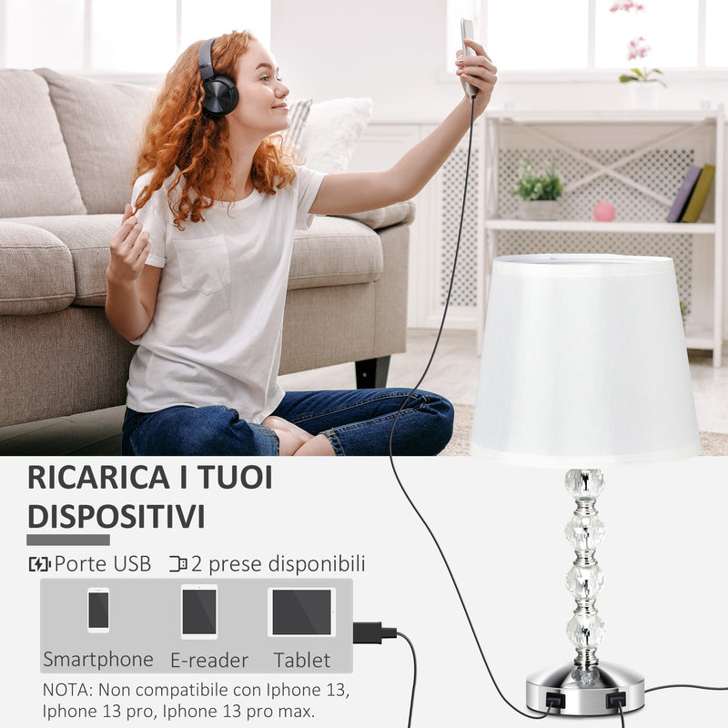 Lampada da Tavolo 2 Porte USB Ø23x45 cm E27 Paralume in tessuto Bianco e Argento-6