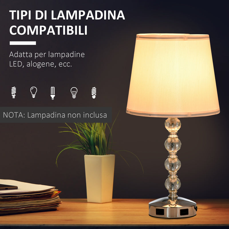 Lampada da Tavolo 2 Porte USB Ø23x45 cm E27 Paralume in tessuto Bianco e Argento-7