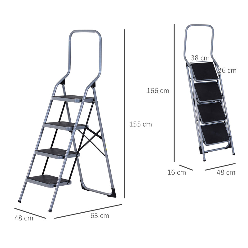 Scala Pieghevole Salvaspazio 4 Gradini 48x63x155 cm max 150kg in Metallo Argento e Nero-3