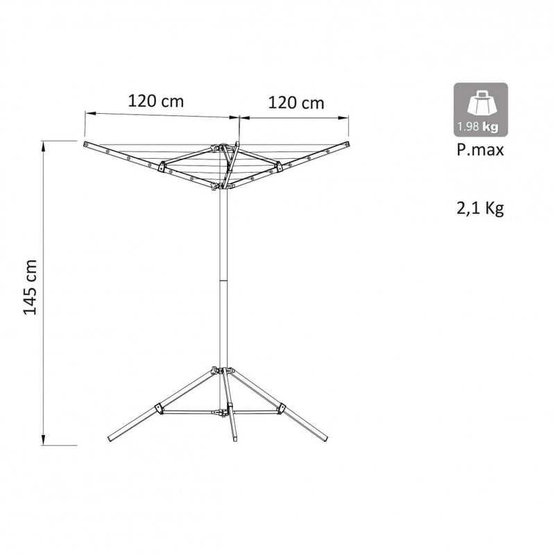 Stendibiancheria 3 Bracci 120x120x145 h cm in Alluminio Grigio-3