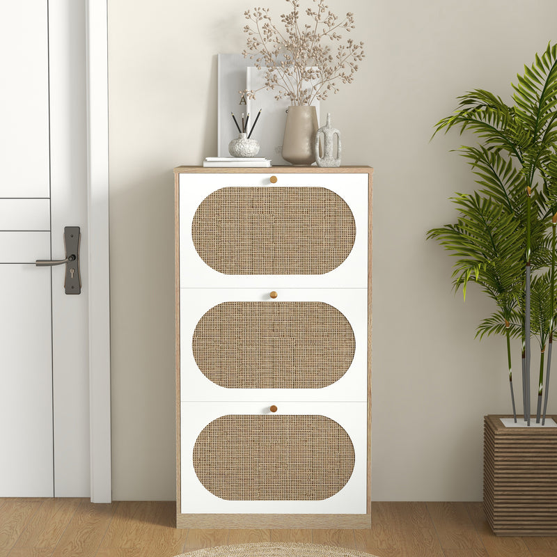 Scarpiera Stile Boho 3 Ante 18 Paia 60x24x115 cm in Ratta Truciolato e MDF Rovere e Bianco-9