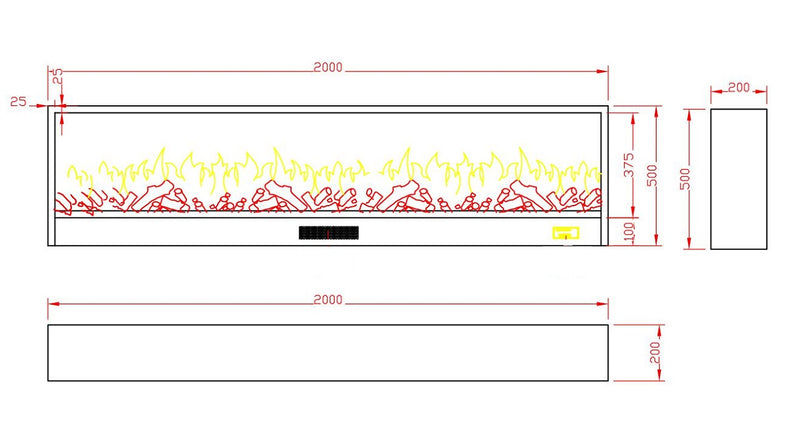 Camino Elettrico da Incasso 50,7x20x200 cm 1500W Effetto Fiamma Sined Vesuvio Nero-10