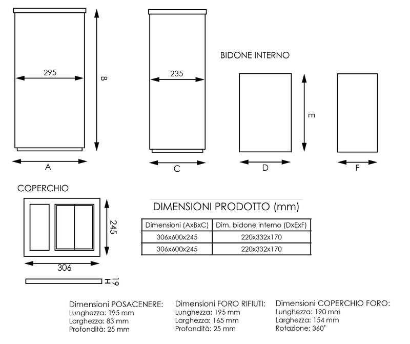 Cestino Gettacarte Posacenere 30,6x60x24,5 cm in Metallo Nero Opaco 17L per Interno Esterno-8