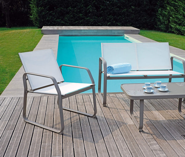 sconto Salon de jardin en fer canapé 2 fauteuils et table basse Vorghini Anversa Tortora