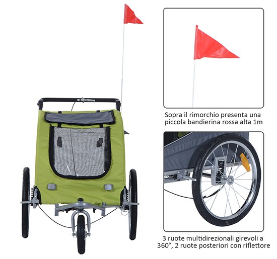 Rimorchio per Cani Verde 130x90x110 cm -4