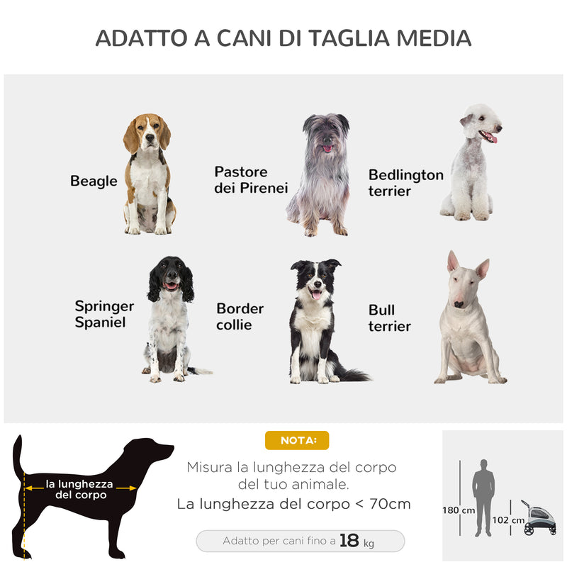 Passeggino per Cani Taglia Media 107x72x102 cm con Borsa Portaoggetti Grigio-8