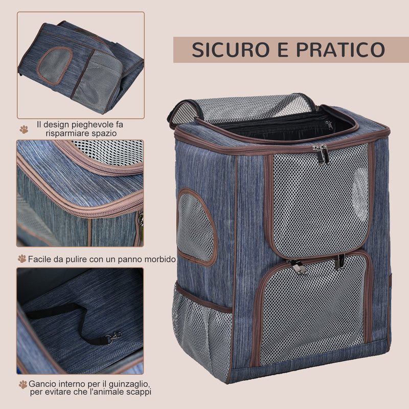 Zaino Trasportino per Cani e Gatti 35x28,5x45 cm in Oxford con Rete Traspirante Blu-5