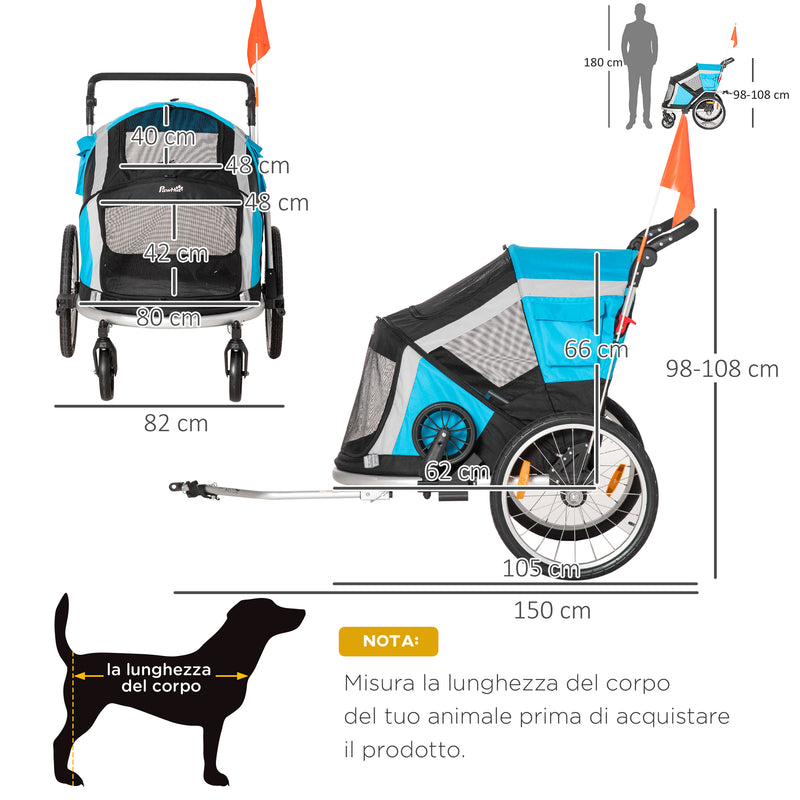 Carrellino Passeggino Rimorchio per Cani 150x82x98-108 cm Max 40Kg con 2 Ingressi Blu-3