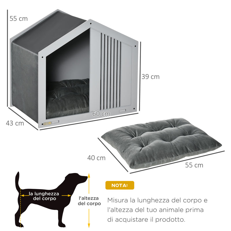 Cuccia per Cani a Casetta 60x43x55 cm in Truciolare e Poliestere Grigio-3