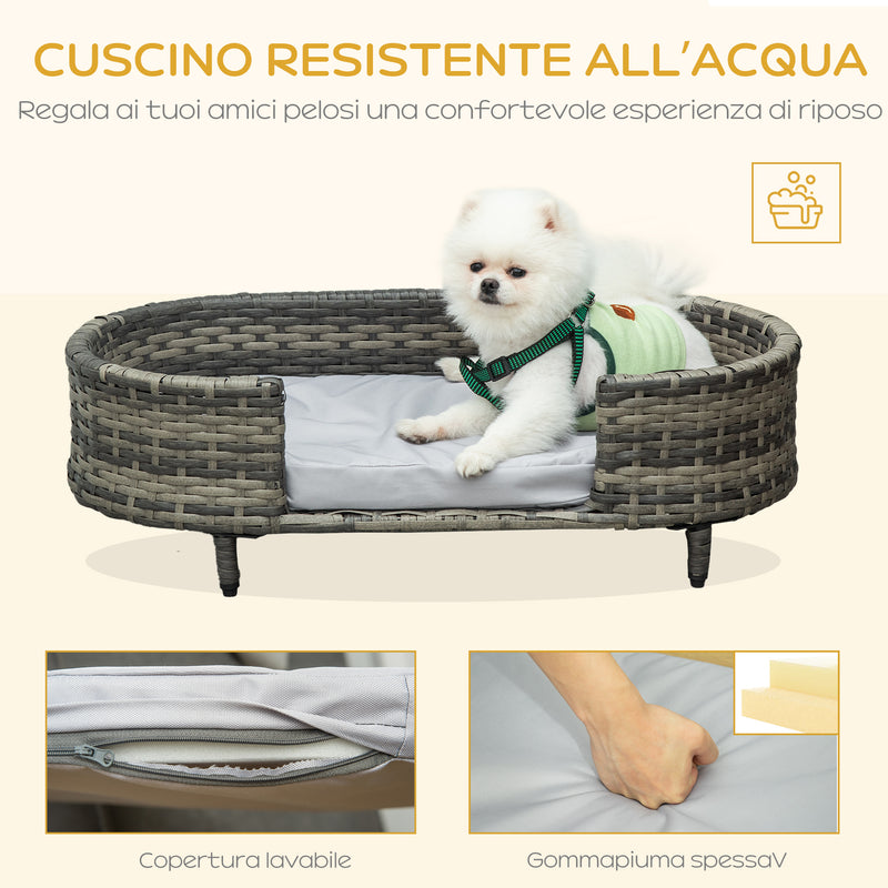 Cuccia per Cani 74x42x21 cm con Cuscino in Rattan PE Marrone e Grigio-4