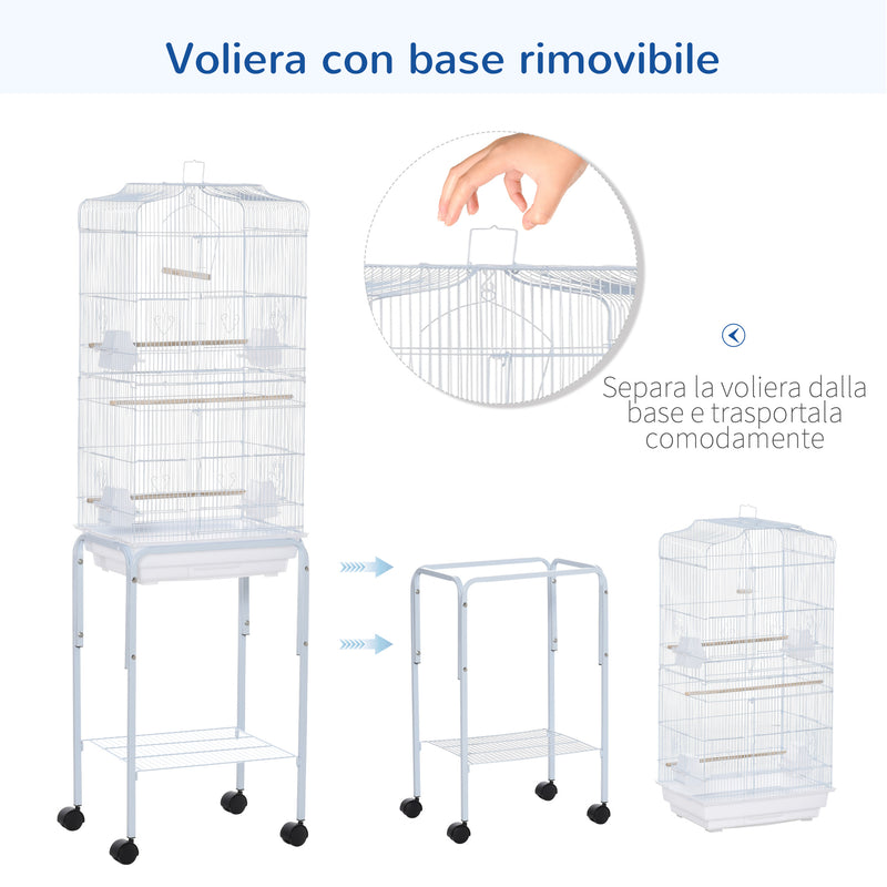 Voliera Gabbia per Uccelli 46,5x36x157 cm con Ruote in Metallo e Acciaio Bianco-4