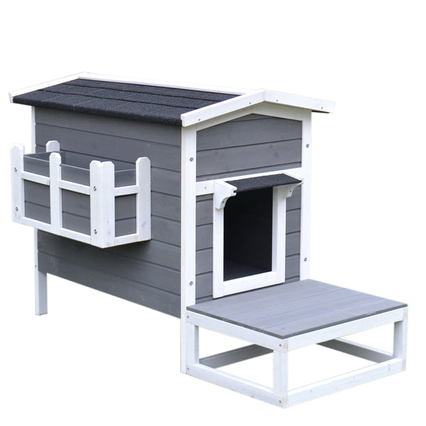 prezzo Niche d'extérieur surélevée avec balcon et toit étanche en bois gris 83x66,5x74,7 cm