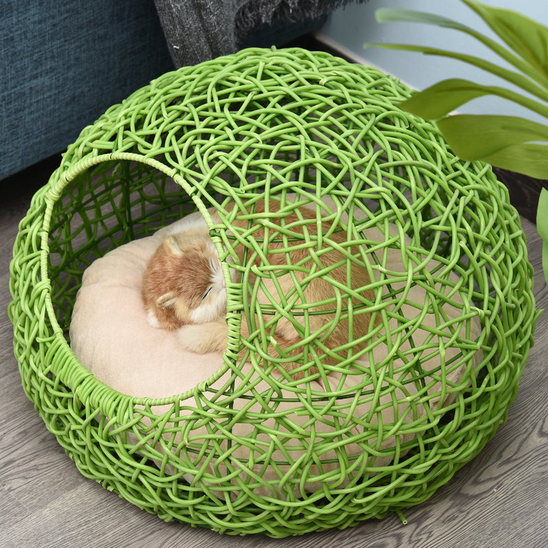 Cuccia in PVC Effetto Rattan per Gatti Ø56x40 cm con Cuscino  Verde-2