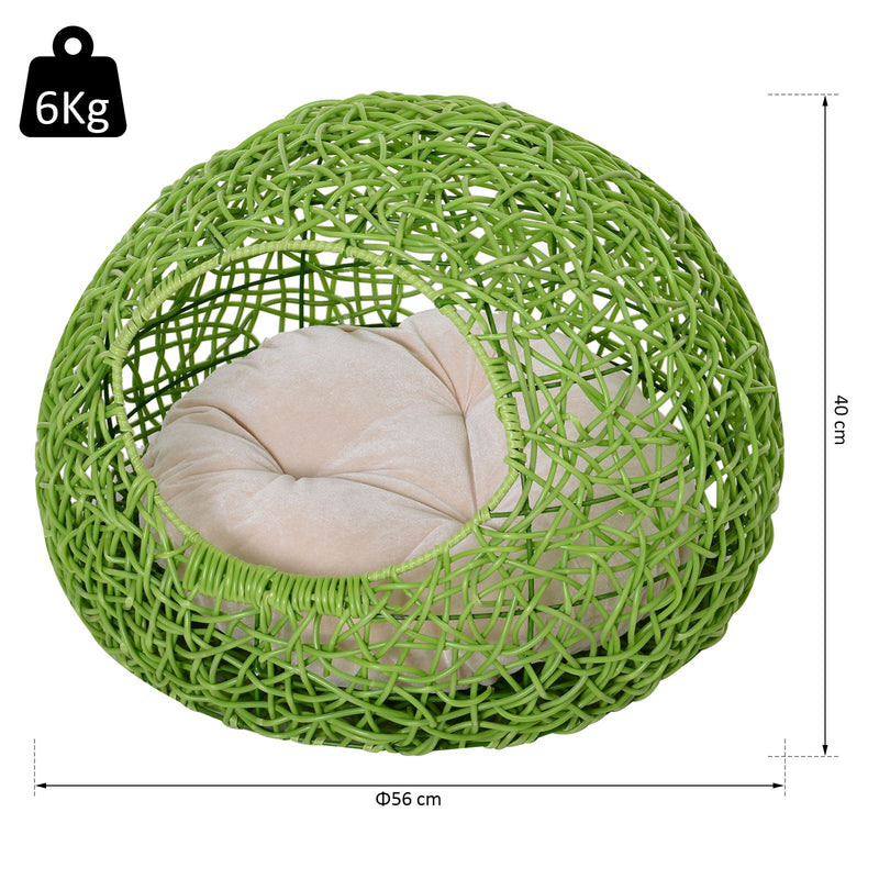 Cuccia in PVC Effetto Rattan per Gatti Ø56x40 cm con Cuscino  Verde-6