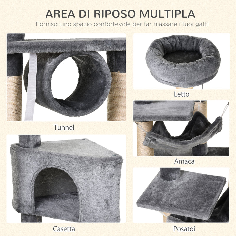 Tiragraffi con Cuccia e Cestino sospeso per Gatti 60x40x154 cm in Peluche Sisal  Grigio-4